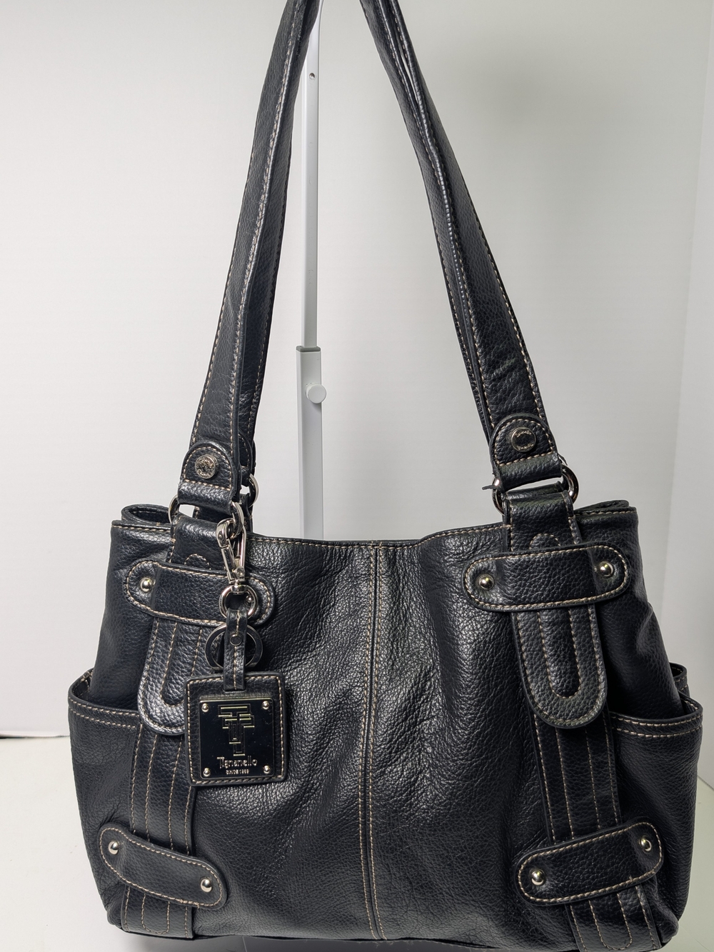 Tignanello Black Leather Shoulder Bag with Silver Hardware Charm
